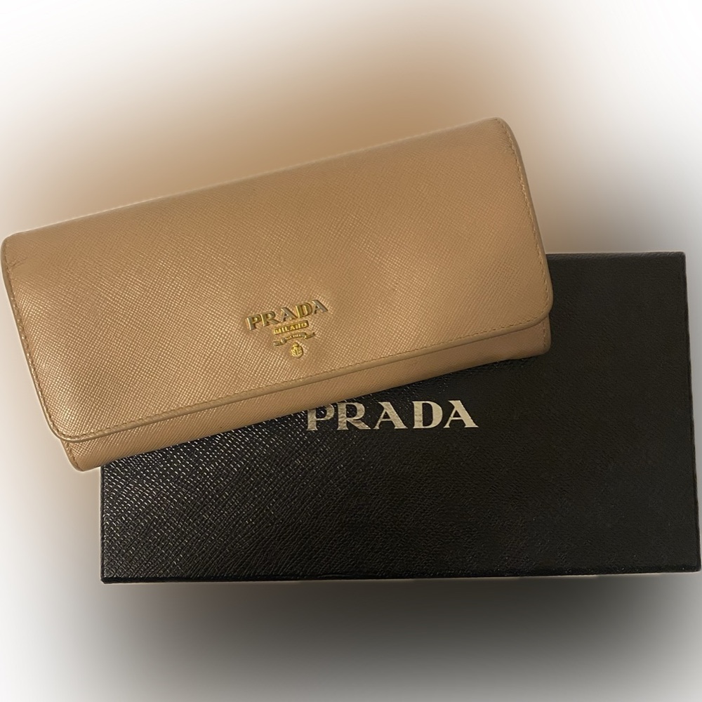 Prada Beige Leather Flap Continental Wallet